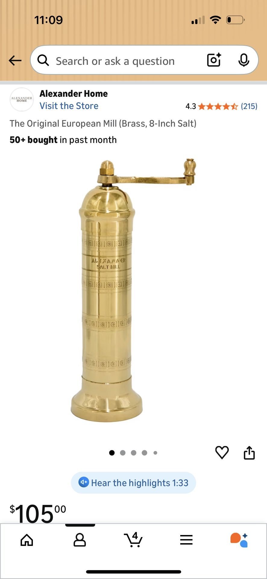 Brass Salt Mill 8 Inch