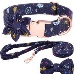Girl Dog Collar and Leash Sets with Bow Tie, with Detachable Flower. Sz XS