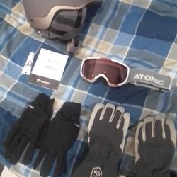 Skiing Helmet, Glasses, Gloves 
