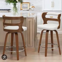 26 in. White Solid Wood Swivel Bar Stool Faux Leather Kitchen Counter Stool with Walnut Frame Set of 2