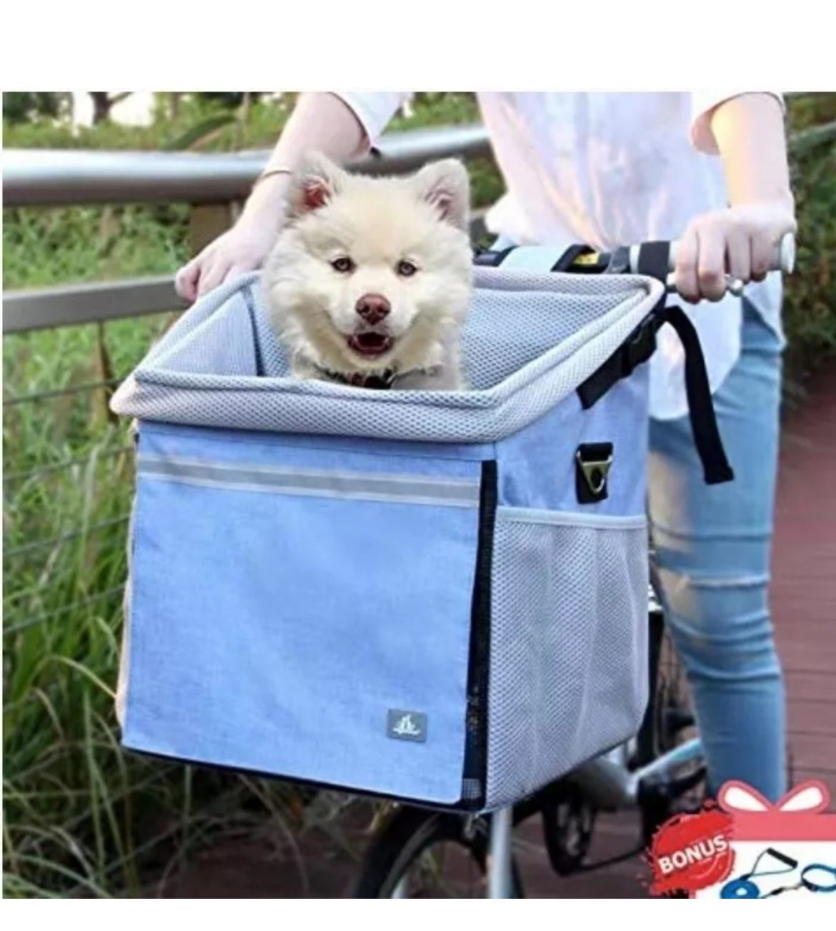 RAYMACE Dog Bike Basket Bag with Reflective Stripe Multipurpose Pet Carrier