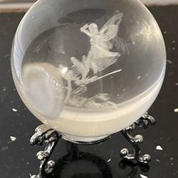 3D Laser Crystal Fairy with Dragonfly and Lotus Figurines Crystal Ball Paperweight with Stand Base