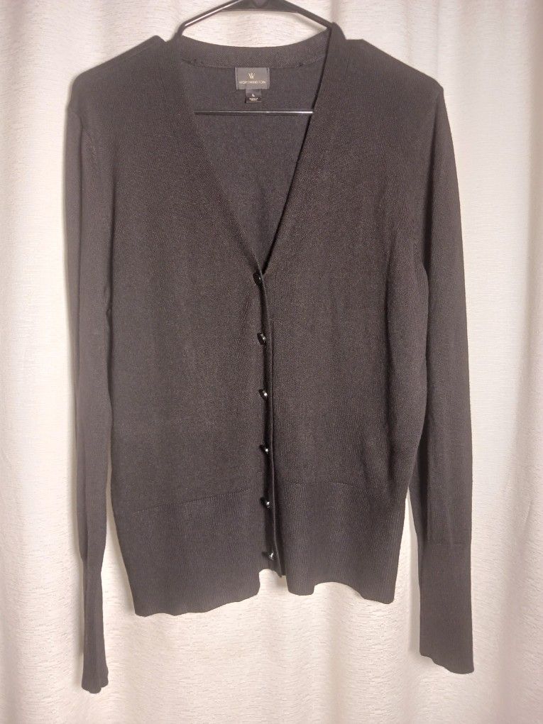 Worthington Women's Sz L Black Rayon Drop Long Sleeve Open Front Knit Cardigan