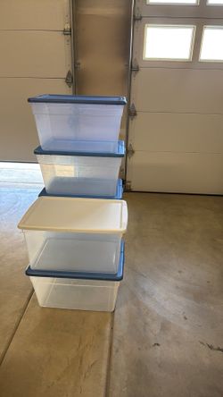 Six 32 qt Plastic Lidded Storage Boxes