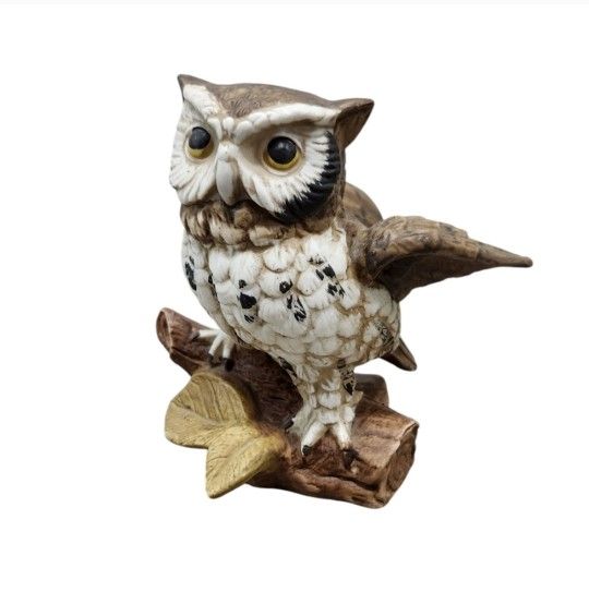 Vintage Homco Made in Taiwan Bisque Owl on Branch 5" Brown