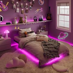 Twin Size Floating Bed Frame with Smart LED Lights, Black Modern Design Metal Platform Bed with Power Strip, No Box Spring Needed, Noise-Free, Easy As