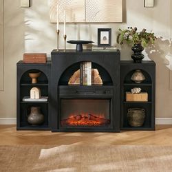 Blake Electric Fireplace Mantel TV Stand - 59 Inch TV Stand with Arched Fireplace Mantel & Modular Side Storage Shelves, Entertainment Center for Livi