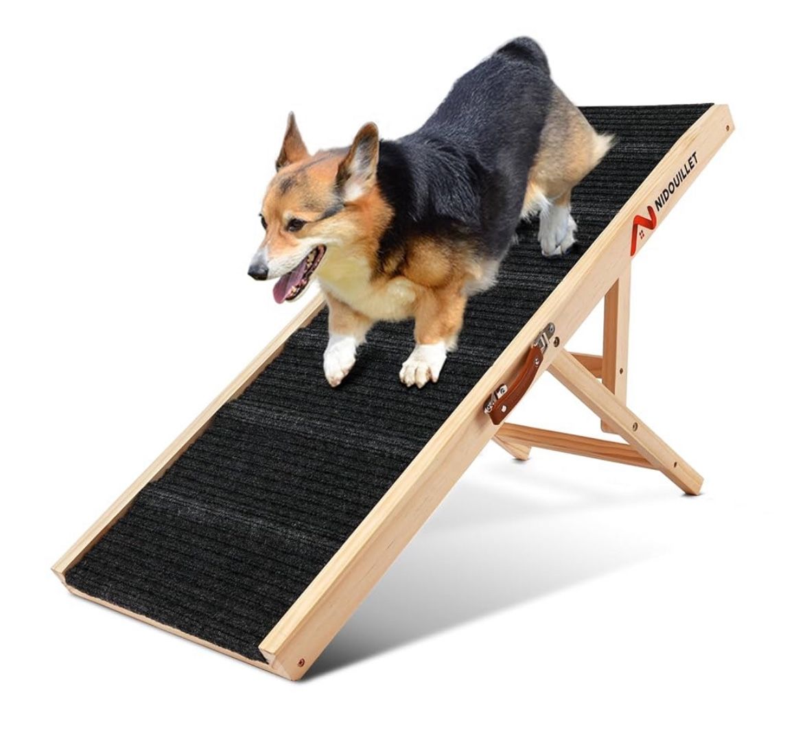 Dog Ramp for Bed, 39" Long Wooden Foldable Dog Ramp, 5 Adjustable Heights from 14.4" to 22.2" with Anti-Slip Traction Mat, Portable Pet Ram