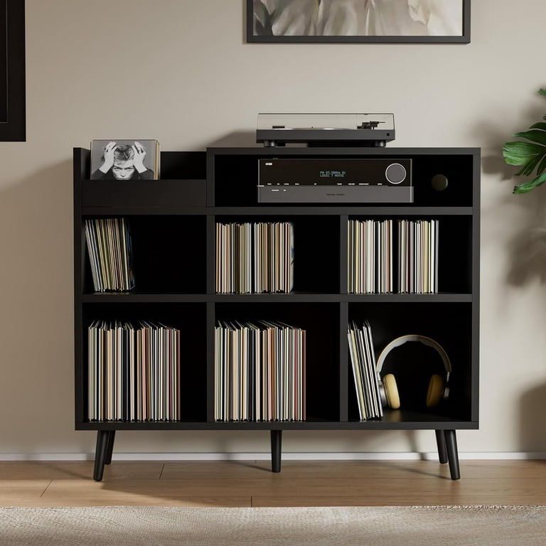 Record Player Stand with Open Vinyl Storage, Record Player Table Holds up to 500 Albums, Vinyl Record Player Shelf with Power Outlet for Living Room, 