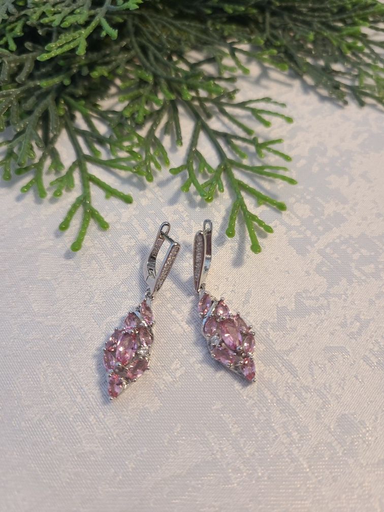 Beautiful created pink amethyst silver filled earrings