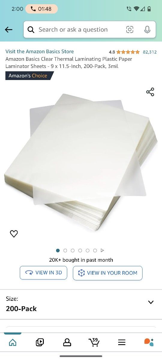 Amazon Basics Clear Thermal Laminating Plastic Paper Laminator Sheets -9x 11.5-Inch, 200-Pack, 3mil