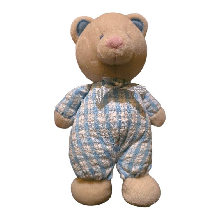 vintage russ berrie blue white plaid cat teddy bear Rattle plush
