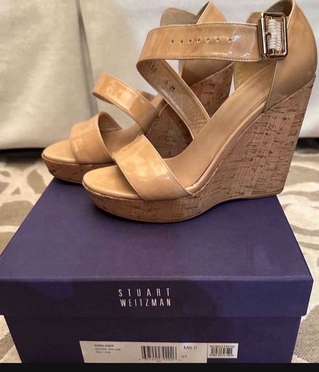 Stuart Weitzman Patent Nude Wedges
