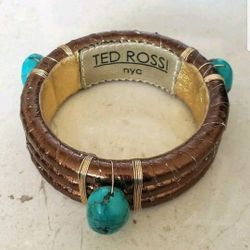 New Ted Rossi NYC Bronze Leather Turquoise Stone Bangle Bracelet