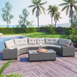 8-pieces Outdoor Wicker Round Sofa Set, Half-Moon Sectional Sets All Weather, Curved Sofa Set With Rectangular Coffee Table, PE Rattan Water-resist