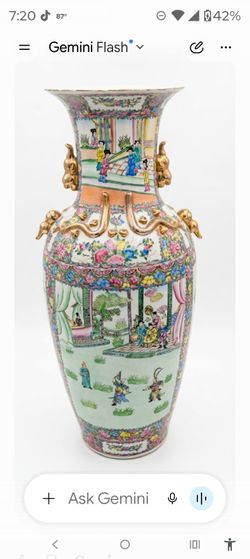 2 PCs FLOOR VASE porcelain, Canton style., 52" high with stand and 42" with no stand