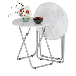 TV Tray Table, Round Folding Table, Foldable Snack Tray for Eating, Small Folding Table Set of 2, Dinner Table for Couch, Living Room, Small Space (Wh