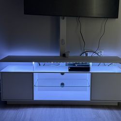 Modern Swivel TV Table Stand with Mount, LED LIGHTS and Power outlets - Height adjustable!