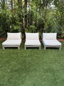 Three Restoration Hardware Merida Teak Outdoor lounge chairs. Oversized with soft cushions. Patio furniture. Lounge set. Pool furniture. RH