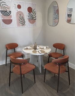 Upholstered Dining Chairs Set of 4 Mid-Century Modern Kitchen & Dining Room Chairs with Linen Seat and Backrest Ergonomic (Walnut/Orange)