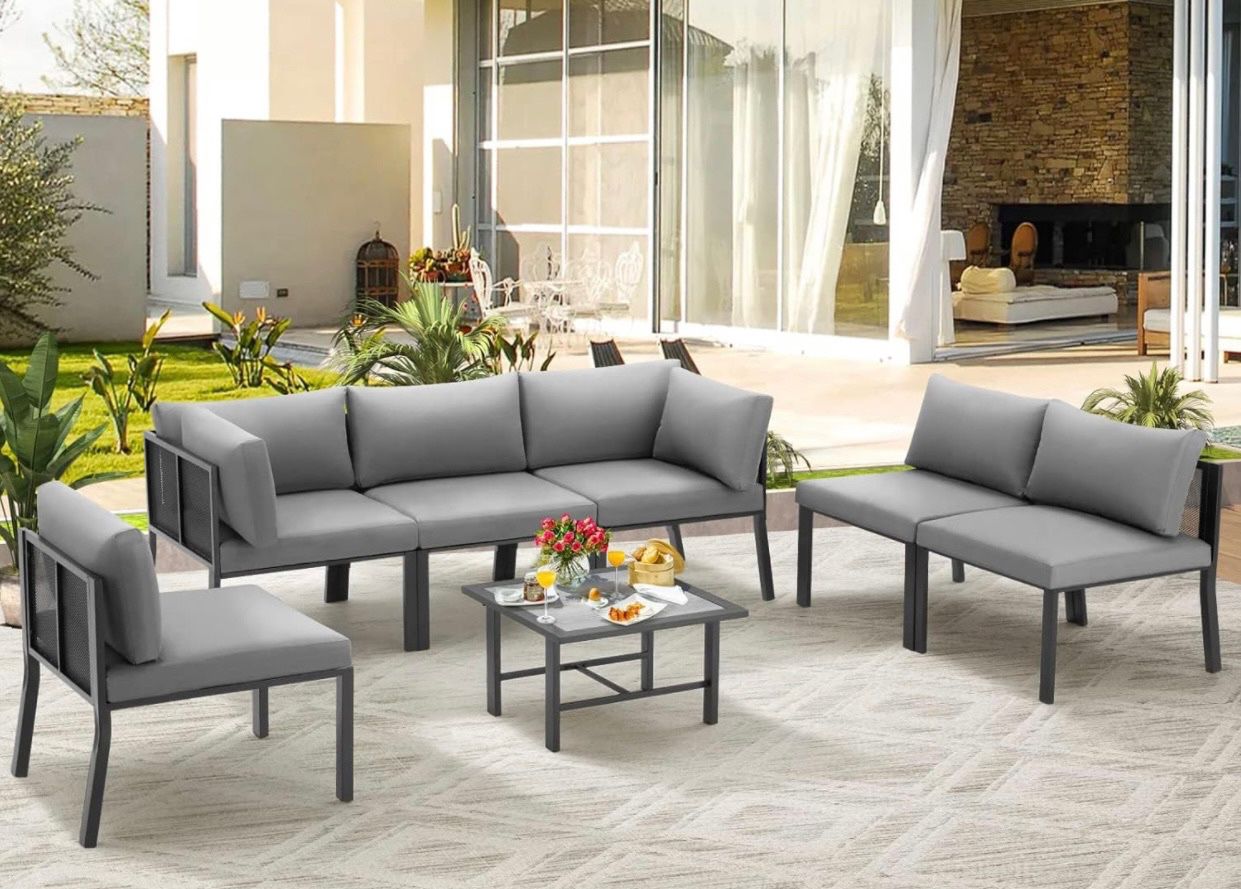 7 Pieces Patio Furniture Set, Metal Mesh Outdoor Conversation Sectional Sets with Cushions and Table