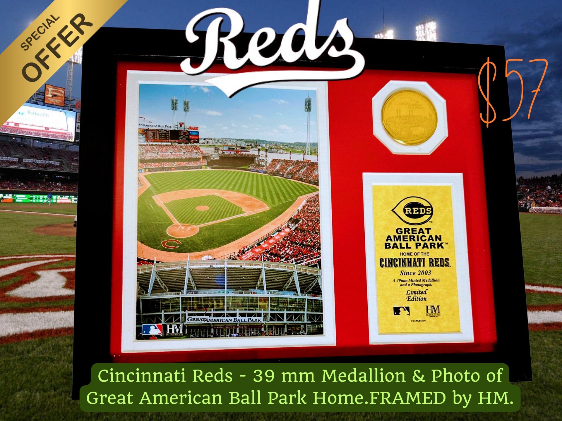 Cincinnati Reds- 39mm Medallion + Great American Ball Park, Photo.
