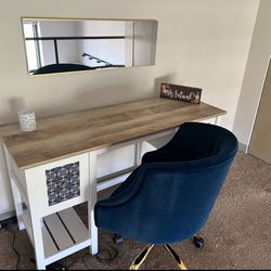 White and Blue Desk with Wood Finishing