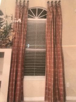 Red Gold Plaid Curtain Drape with hardware 4 ft x 9ft