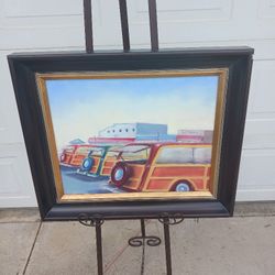 Framed Woodie Cars At Beach Oil On Canvas Painting Signed Dilisi