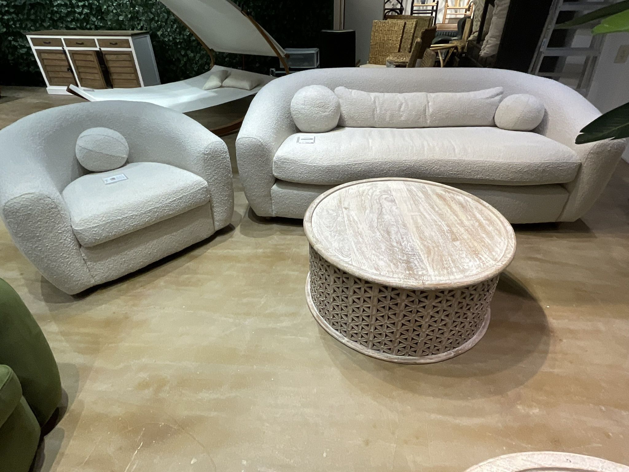 New white Halo Sofa and swivel chair drum style Primitive Collections