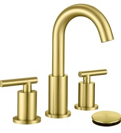 ChiLDano Brushed Gold Bathroom Faucet 3 Hole for Sink Widespread 2 Handles Gold Vanity Faucet with Drain and Hose, Brushed Brass Gold Sink Faucet for 