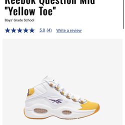 Reebok Question Mid “yellow Toe” Iverson Preschool Size 3 