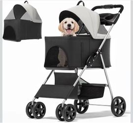 Foldable Pet Stroller for Small & Medium Dogs, Black Detachable Carrier, Car Seat, Push Button Entry, 4-Wheel Jogger for Pets up to 33 lbs, 3 in 1 Fol