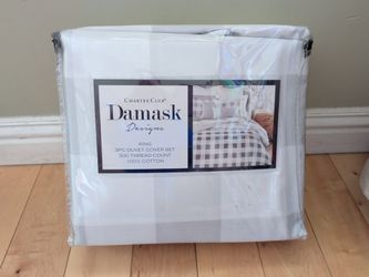 Charter Club Gingham Color Block Cotton Duvet Cover Set Grey & White King size