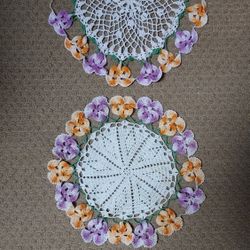 Doilies Crocheted Colorful Pansy Flowers Set Of 2 Handmade Vintage