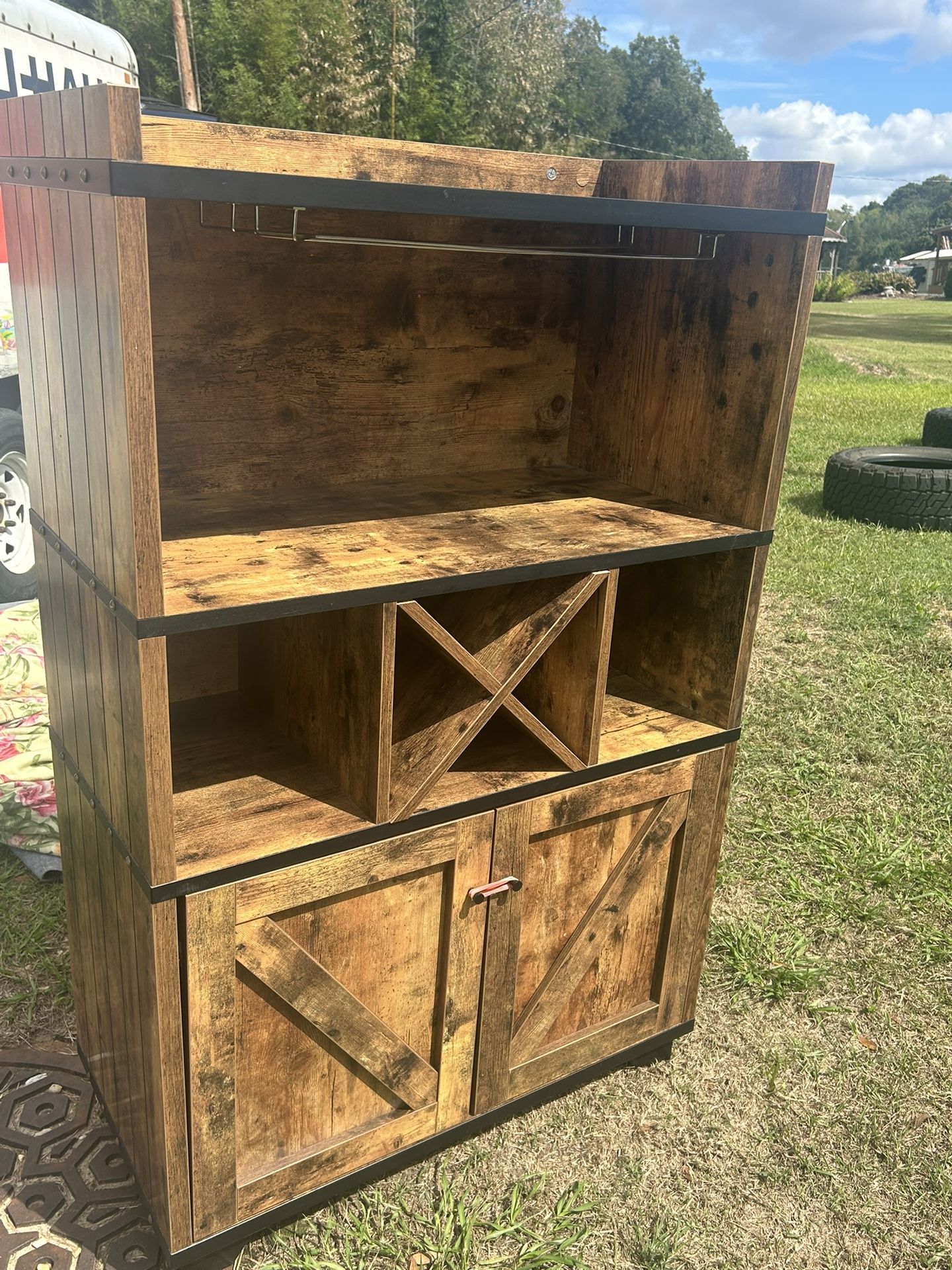 Rustic farmhouse bar cabinet with wine rack & storage shelves