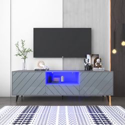 LED TV Stand for 75” TVs Entertainment Center with Storage Cabinet & Shelf, Grey High Gloss TV Media Table for Gaming, Living Room, Bedroom