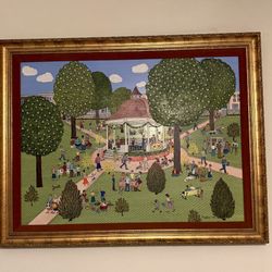 Vintage Folk Art Park Scene – Large Framed Print by Polly Kemp (1987)