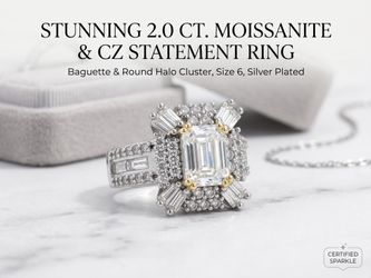 NEW 2 CT Emerald Cut Moissanite Diamond Statement Ring – Gold-Tone Accent Prongs – Size 6