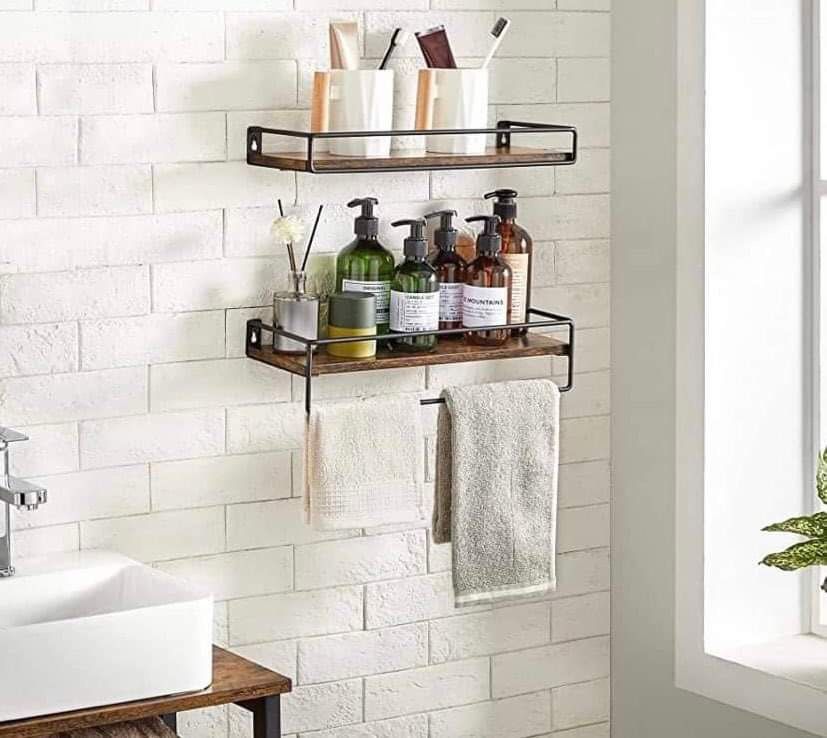 Floating Shelves, Set of 2, Wall Shelves with Towel Rack, Wood Shelves for Wall, for Bedroom, Kitchen, Living Room, Rustic Brown and Black