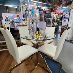 Dining Set 5 Pc Glass Top, White Leatherette, Metal Base Gold Finish. New Especial Price 
