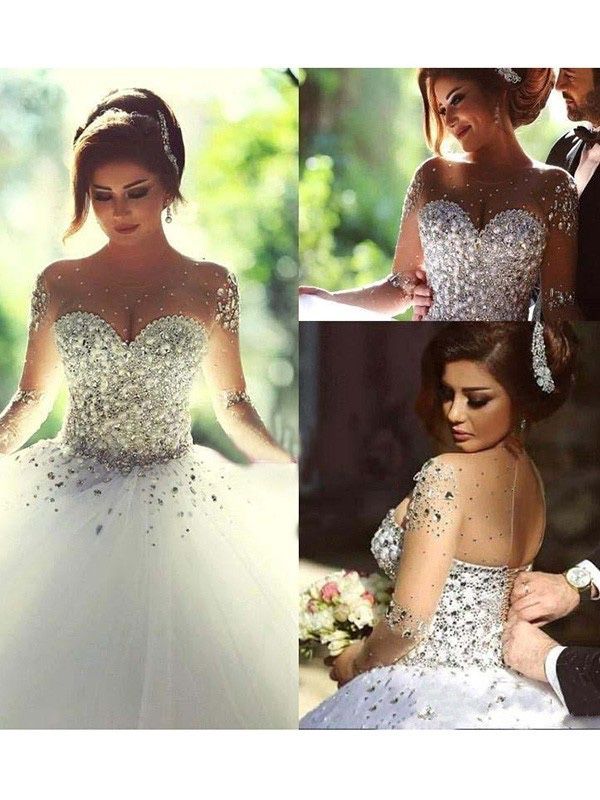 Ball Gown Long Sleeves Scoop Court Train Beading Tulle Wedding Dresses