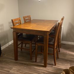 HIGH TOP DINING TABLE 4 CHAIRS BROWN WOOD DINING TABLE
