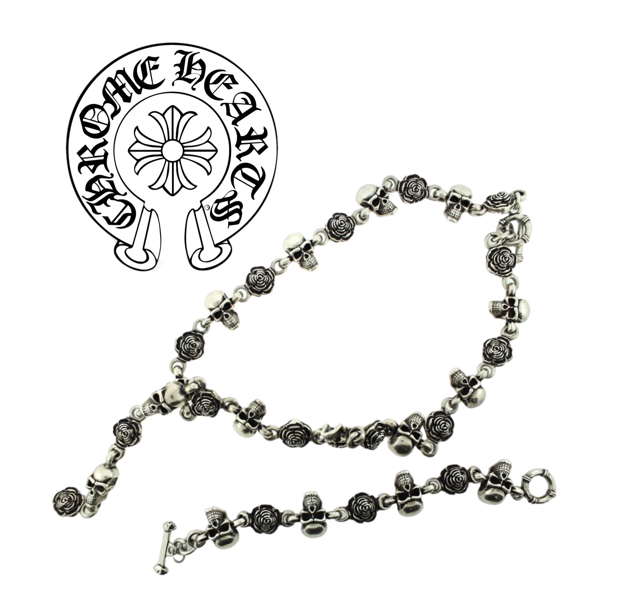 Inspired Chrome Heart Bracelet and Necklace - Silver 925 - Skull & Flower Jewelry Mens Womens Unisex