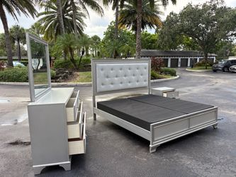 4-Piece Silver Bedroom Set king Size with Tufted Headboard by Vietnam Furniture