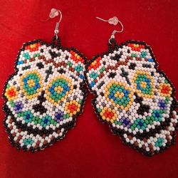 Pair Of HANDMADE BEADED SUGAR SKULL EARINGS 