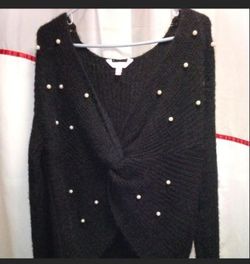 Black Knit Sweater with Pearl Embellishments