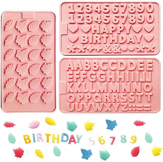 Set of 3 Candy Leaf Molds, Number,Letter,Happy Birthday and Digital Silicone Matrix