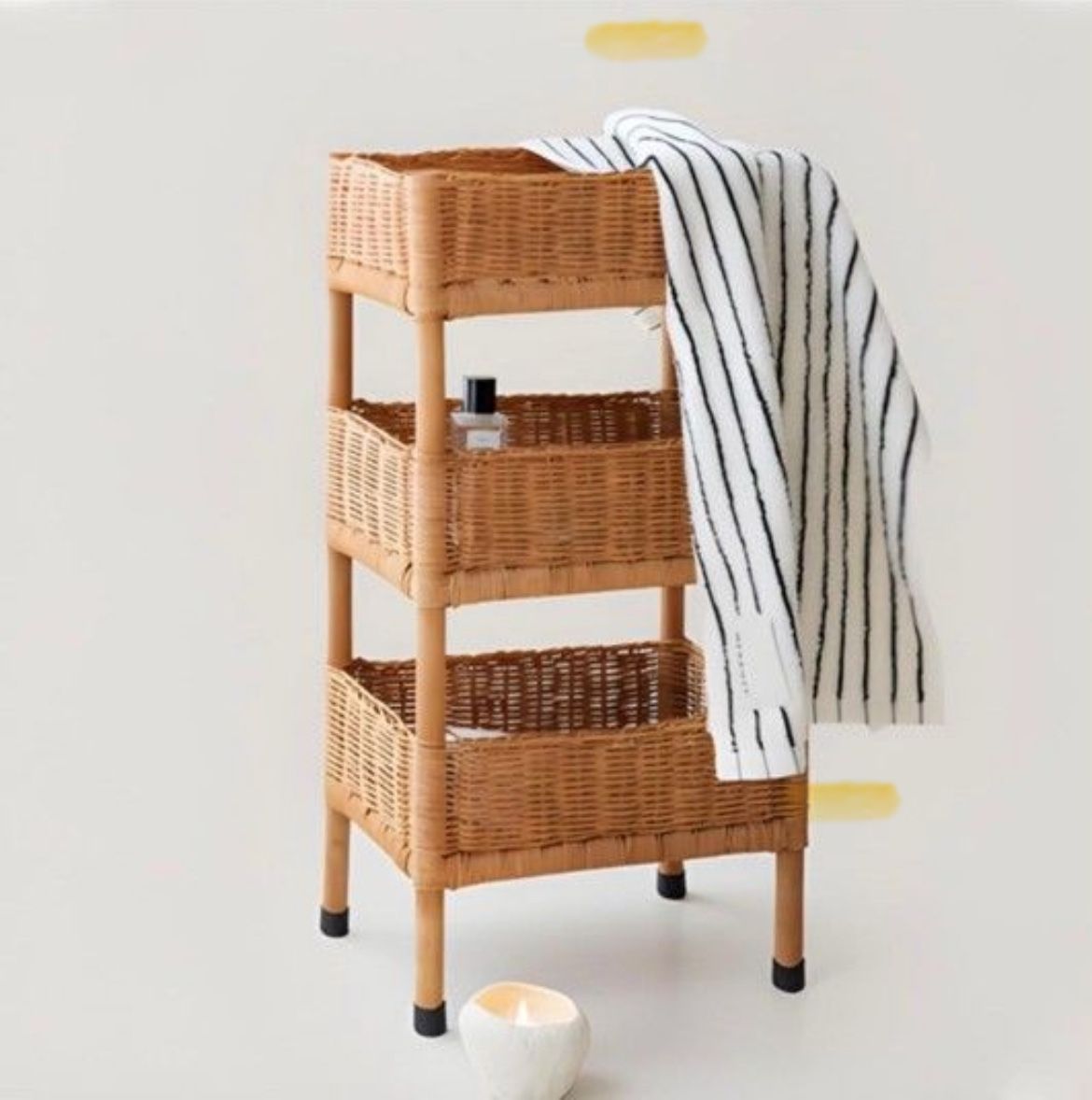 3-Tier Rattan Storage Rack, 23.6in Tall Rattan Standing Shelf Organizer, Multipurpose Hand-Woven Shelving Unit for Laundries, Kitchen, Bathroom