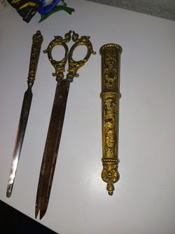 Antique Ornate Bronze Brass Scissors And Letter Opener With Sleeve